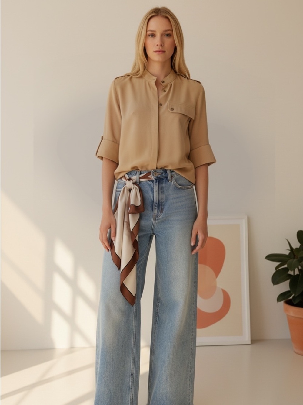 Club Monaco Silk Relaxed Fit Utility Blouse  Minimalist Beige Luxury Button Down